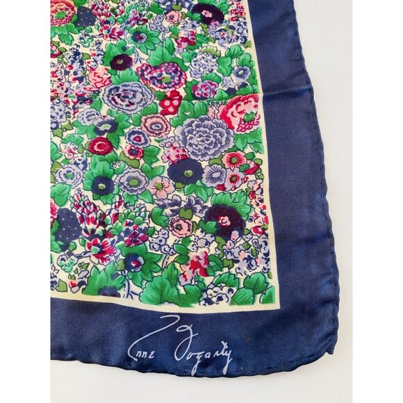 Silk Scarf Anne Fogarty for David Schwab 21" x 20.5" Blue Floral Print Japan - Picture 2 of 7